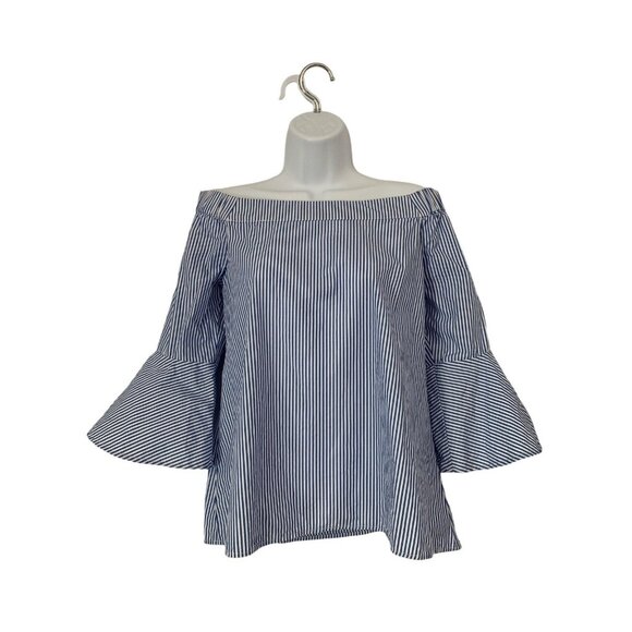 Cupio Womens Off-Shoulder Bell Sleeve Top Blue & White Striped Blouse Medium - Picture 1 of 9